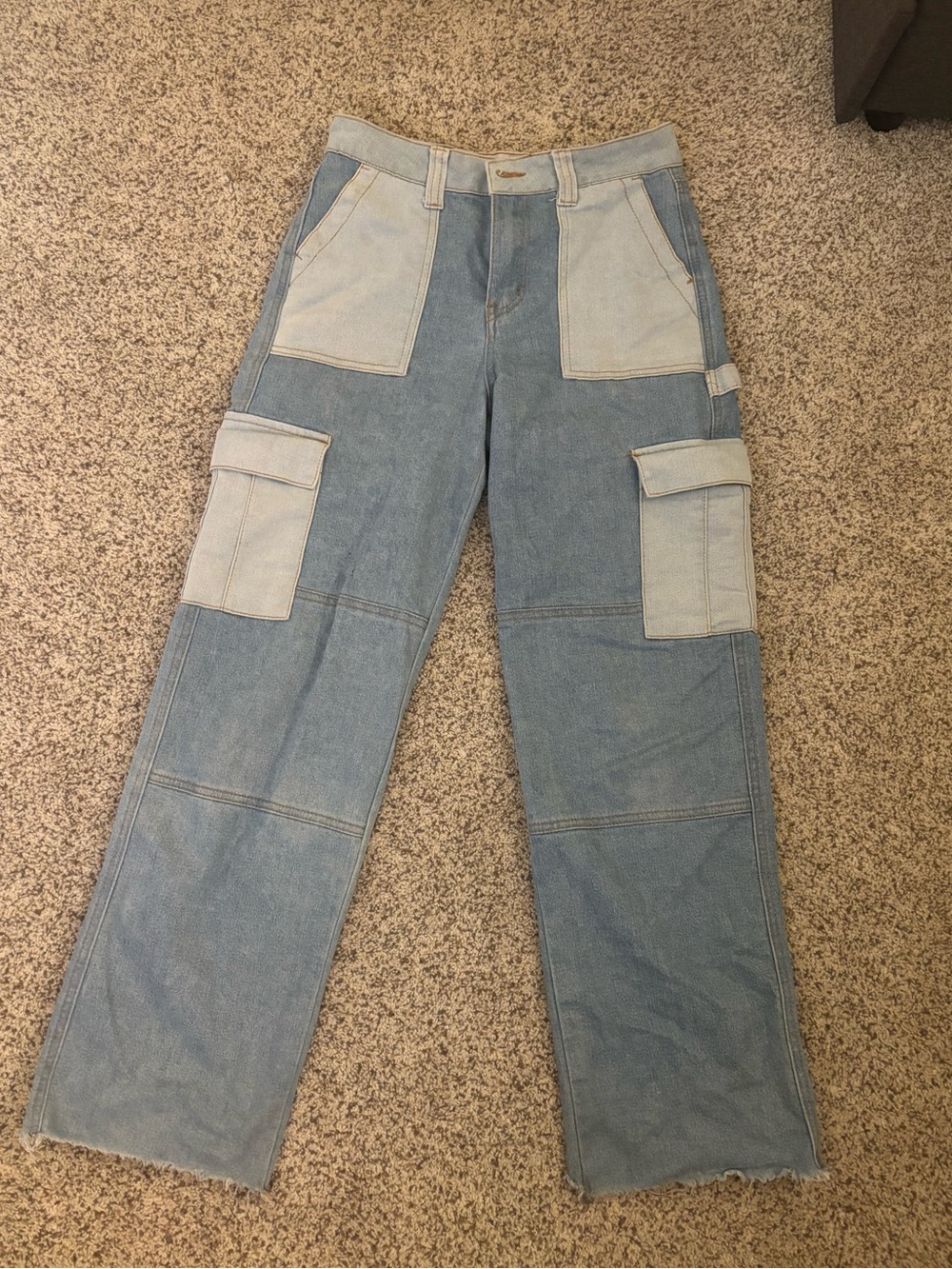 Boho Patchwork Two-Tone Light Blue Cargo Jeans Flying Angel